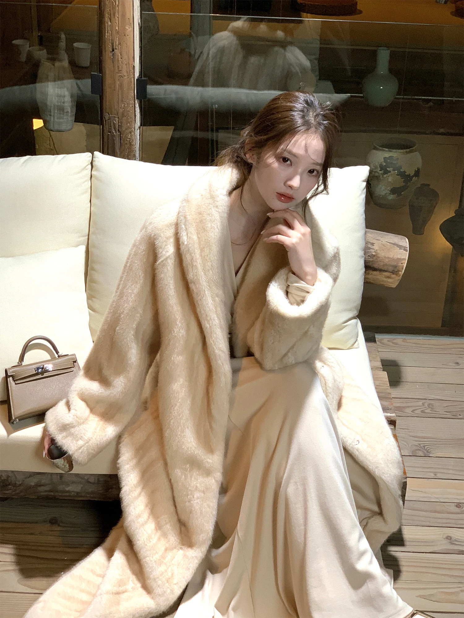 

Ele Long Fur Coat Women's Autumn Winter New Sle High Luxury Feel Qingguo Collar Eco-friendly Synthetic Fur Outerwear