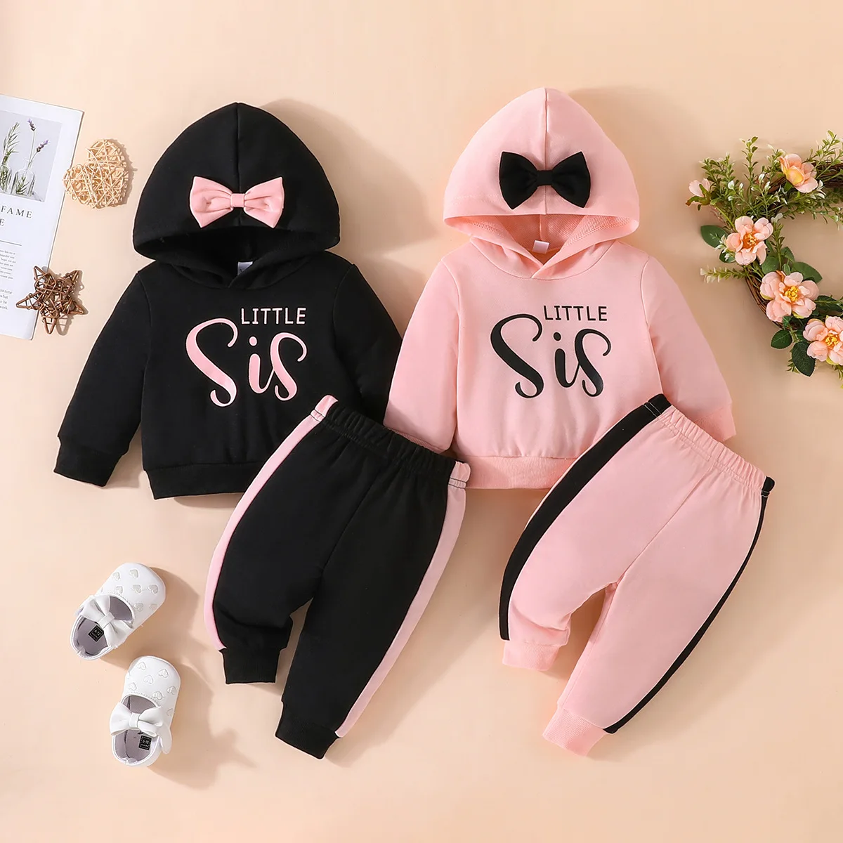 New Spring Autumn Baby Girls Clothing Set Full Sleeve Letter Bow Hoodies + Pants 2Pcs Outfit Suit For Kids Children Present