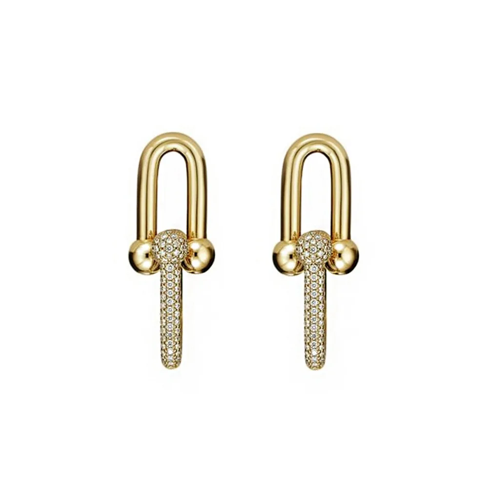 European and American retro light luxury design, zircon double ring metal buckle, U-shaped simple and niche earrings for women