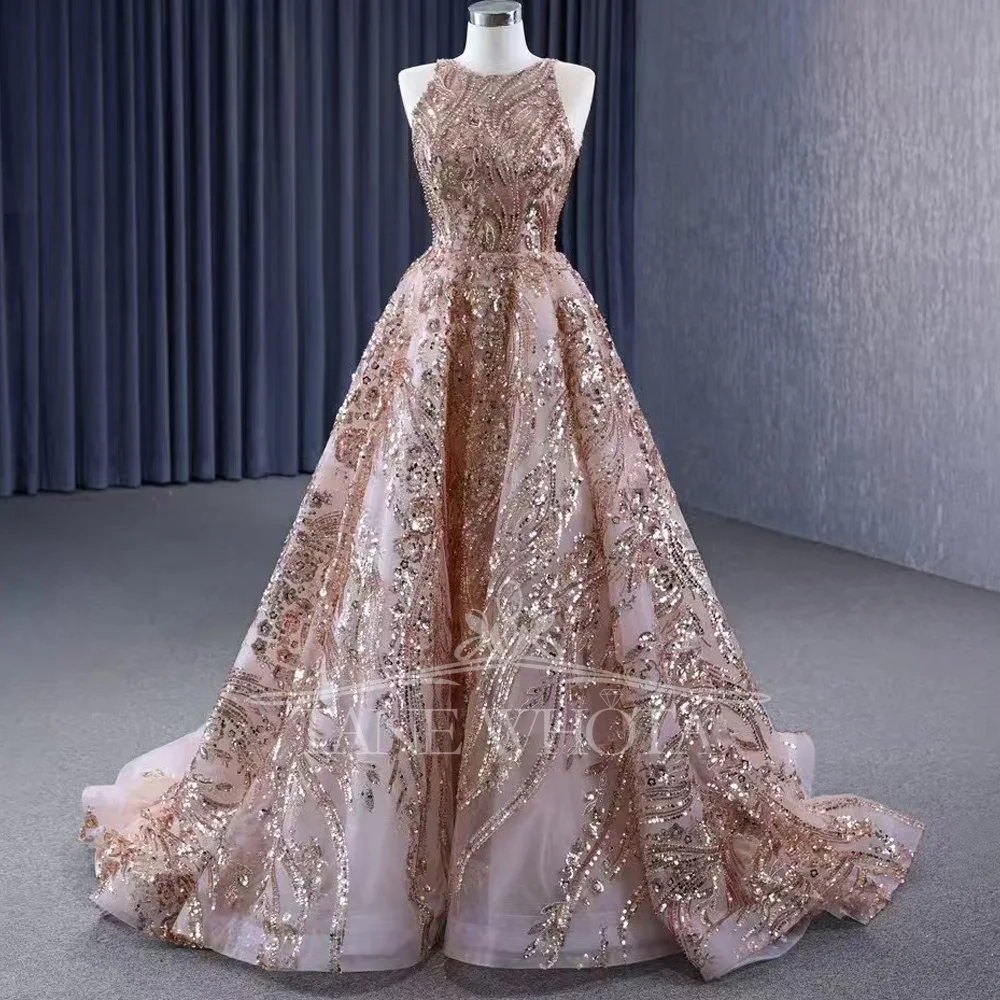 فستان سهرة بدون أكمام برقبة دائرية ورباط من الخلف ومطرز بالكريستال وقابل للتخصيص لملابس الحفلات