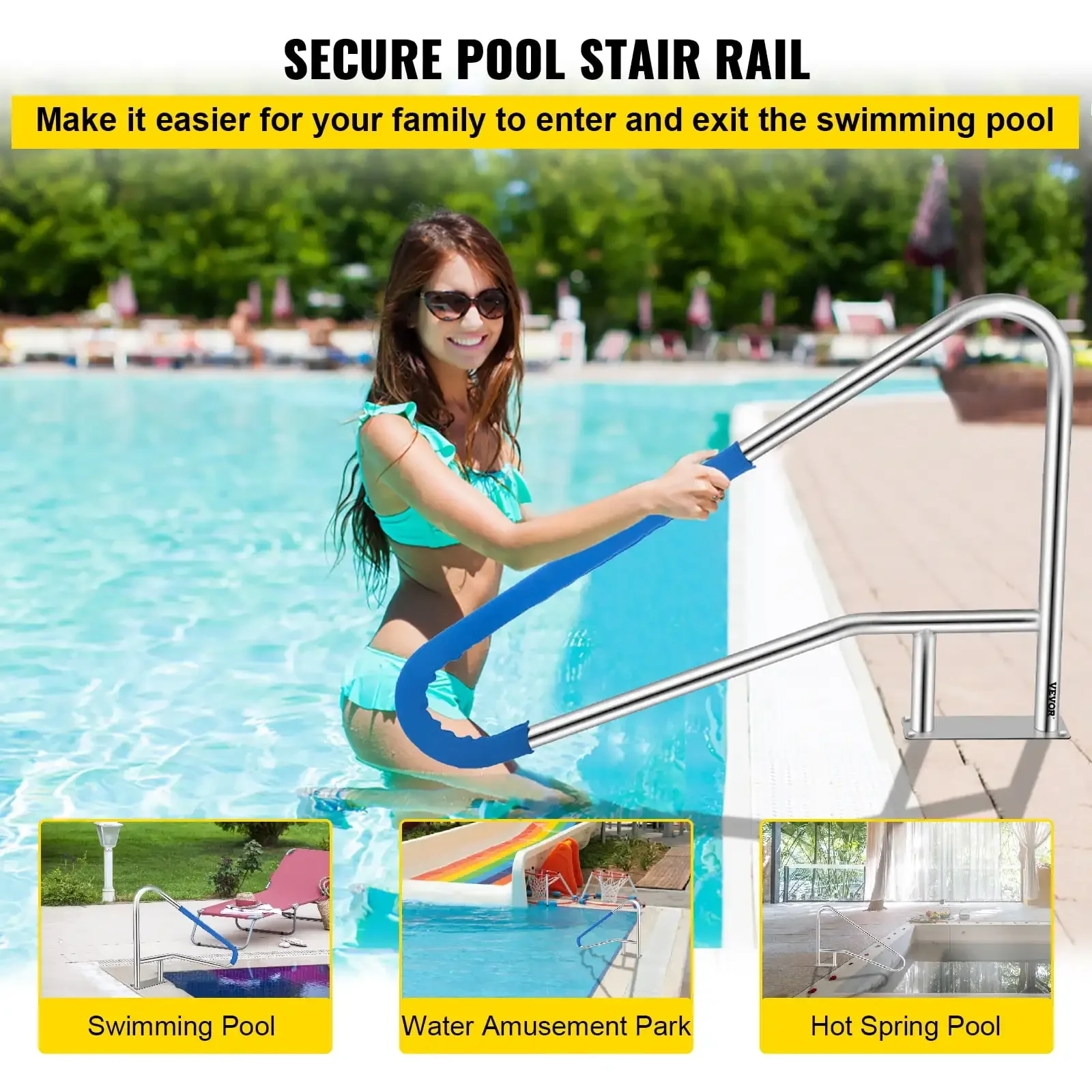 Pool Rail 54x36" Pool Railing 304 Stainless Steel 250LBS Load Capacity Silver Rustproof Pool Handrail Humanized Swimming