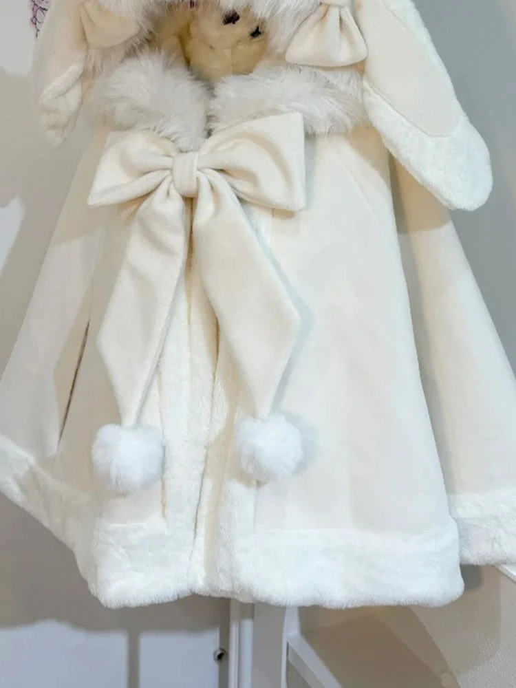 Y2k Aesthetic Cloak Jacket Women Japanese Lolita Fur Patchwork Rabbir Ear Hooed Coat Kawaii Sweet Bow Jackets Oversized JK Capes