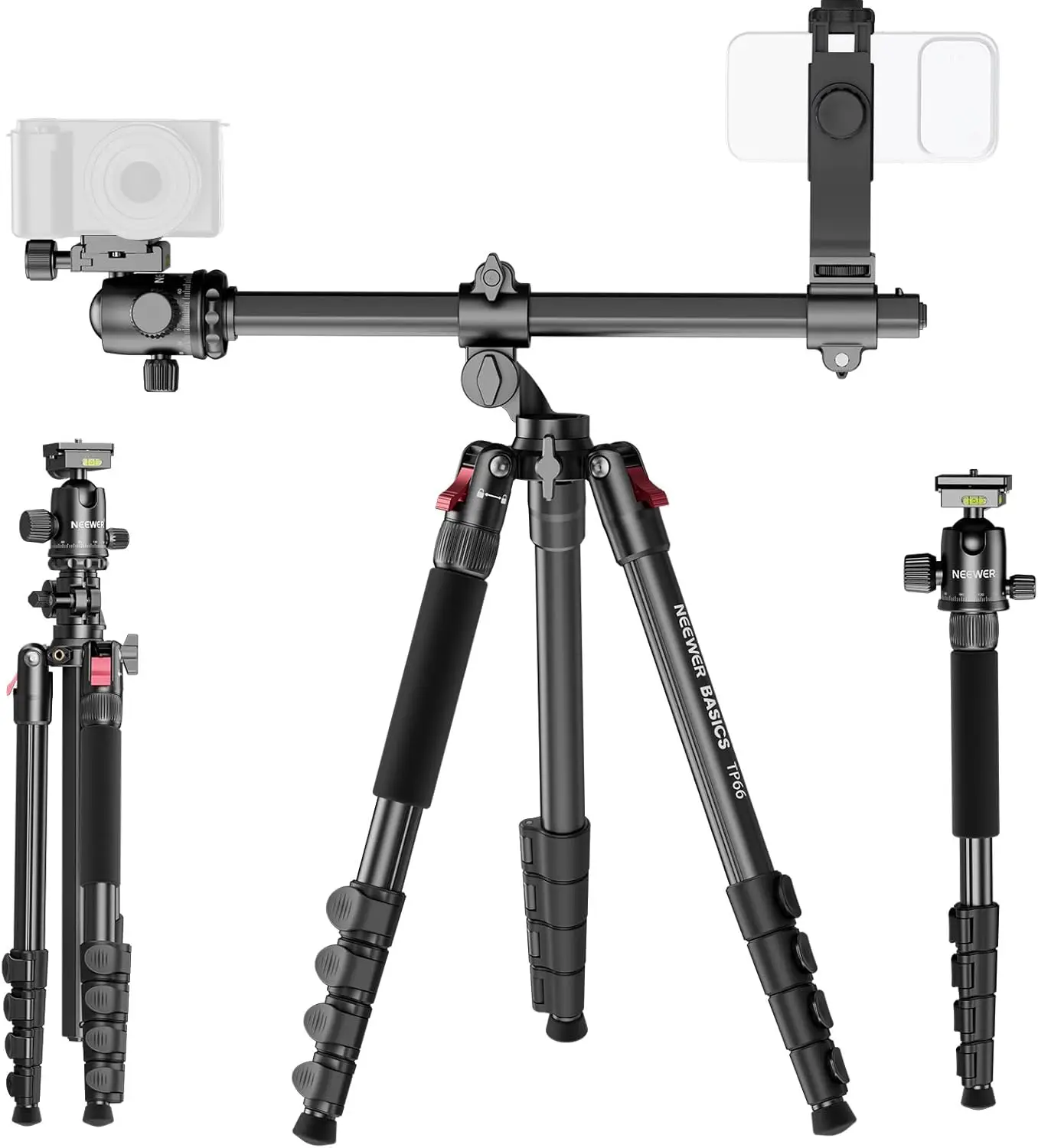 

64.5" Horizontal Overhead Tripod Monopod for Dual Camera, 22lb Load, 360° Pan & 180° Tilt, Compatible with DSLR & Smartphones