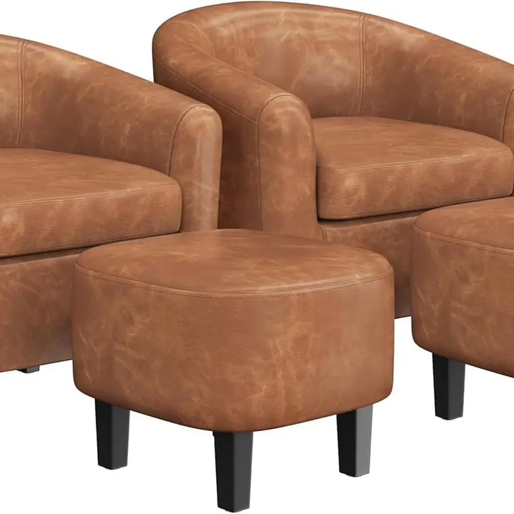 

Accent Chair with Ottoman Foot Rest, PU Leather Mid Century Modern Upholstered Soft Barrel Chair Comfy Armchair and Footrest Set