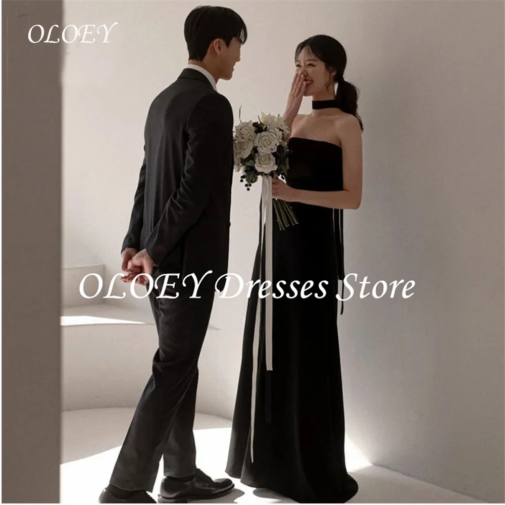 OLOEY Simple Black Korea Evening Dresses Strapless Elastic Satin Photos Shoot Dress Corset Back Wedding Party Dresses Customized