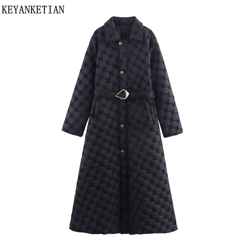 

KEYANKETIAN 2025 Winter New Women's Long Argyle Cotton-Padded Clothes Coat Elegant Fashion With Belt Slim Black Outerwear