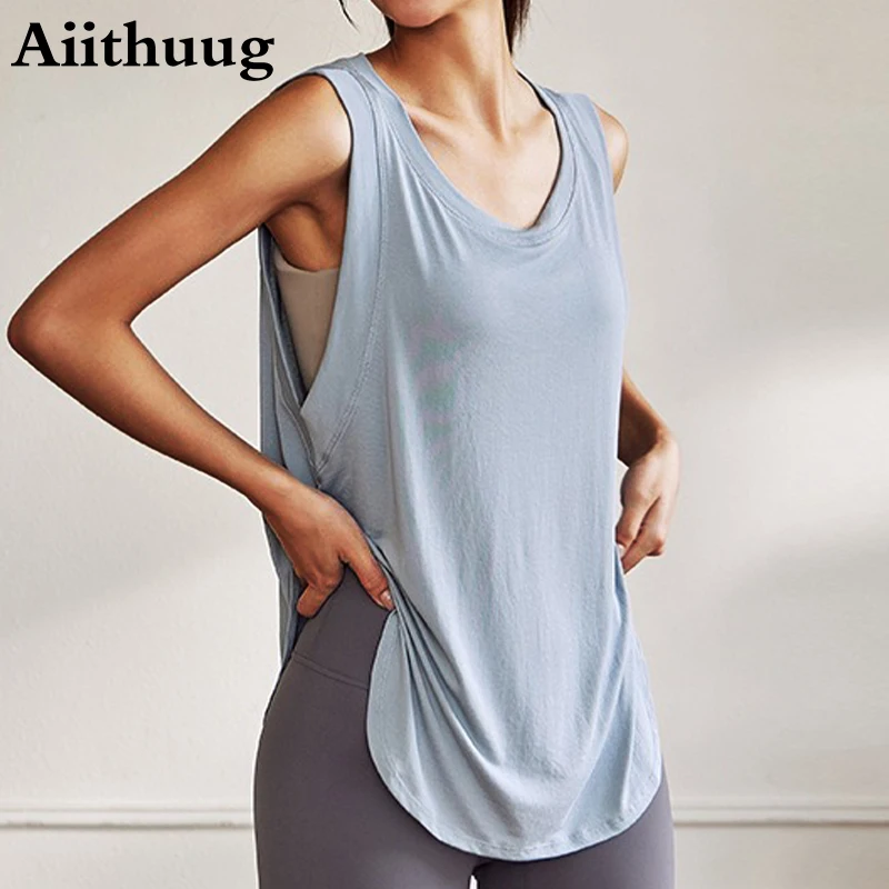 

Aiithuug Side Split Yoga Tops Women's Extended Curved Hem Sleeveless Lightweight Breathable Fast Drying Pilates Fitness Cover-up