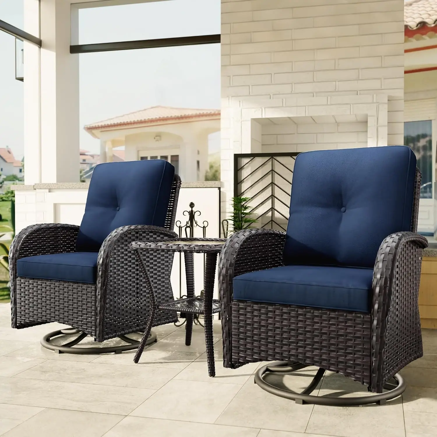 Outdoor Swivel Glider Wicker Chair Set 3 Piece with Side Table for Porch Deck Patio, Customized