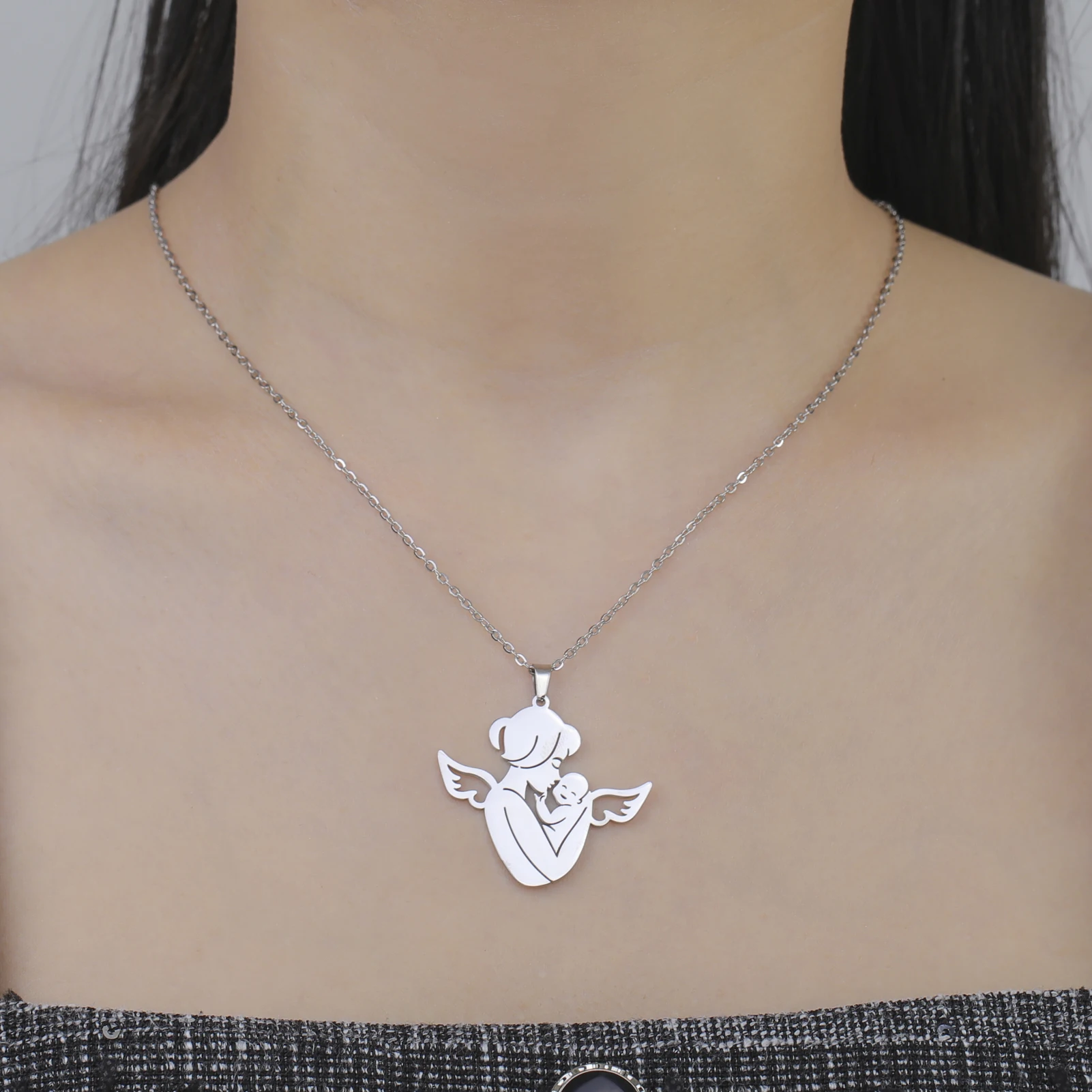 Fishhook Baby Mom Angel Mother Day Gift Necklace for Women Men Dad Family Father Child Kid Jewelry Chain Stainless Steel Pendant