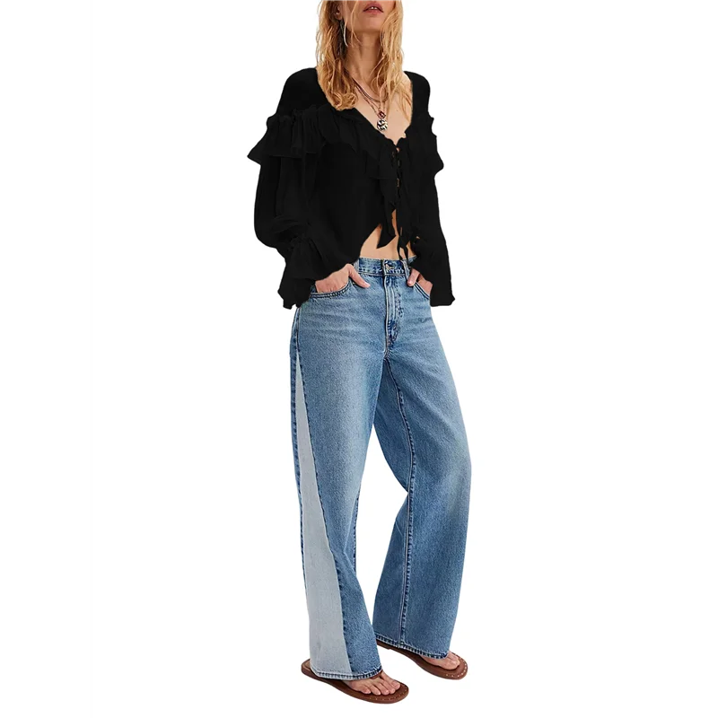 ASDS-Top fluido con lazo frontal para mujer, camisa de gasa con ribete de encaje peplum de manga larga, blusa de playa bohemia con volantes y cuello en V transparente