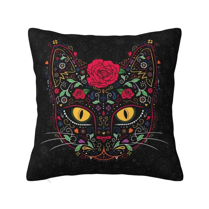 Custom Day Of The Dead Kitten Cat Sugar Skull Throw Pillow Case Decorative Mexican Halloween Floral Nordic Cushion Pillowcase