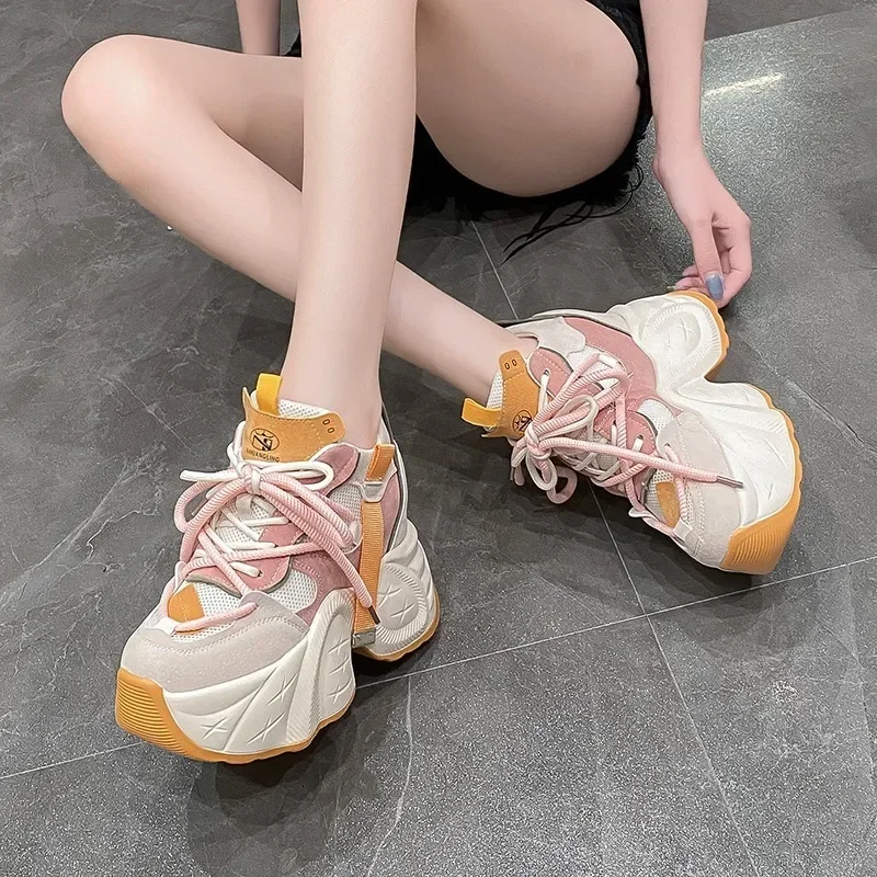 11CM Women Chunky Sneakers New 2024 Autumn High Platform Mesh Dad Shoes Women Casual Trainer Sneakers Thick Sole Vulcanize Shoes