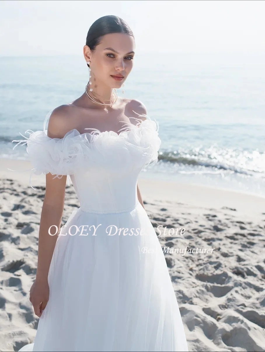 OLOEY 맞춤형 고급 화이트 오간자 웨딩 드레스 고품질 보트넥 오프숄더 짧은 소매 신부 드레스