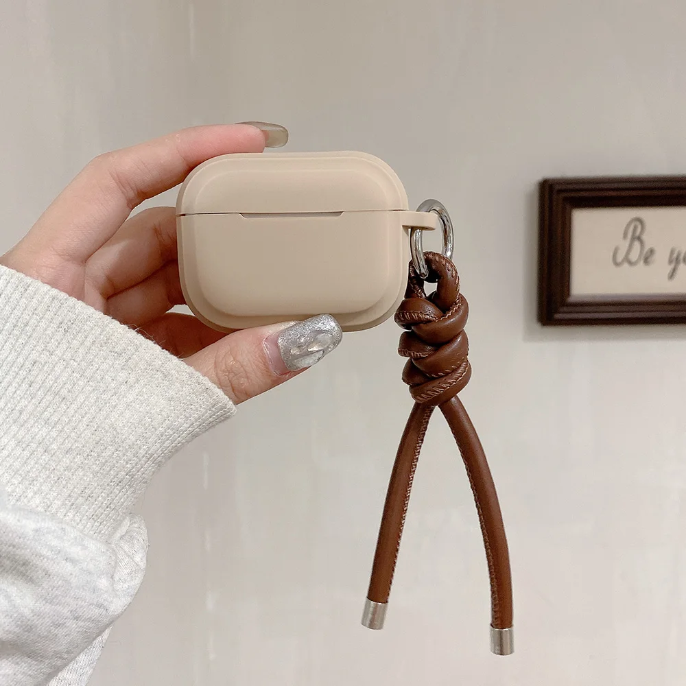 caramel milk tea colour square silicone earphone case for airpods 4 leather woven rope keychain for airpods 1 2 3 pro 2nd coque