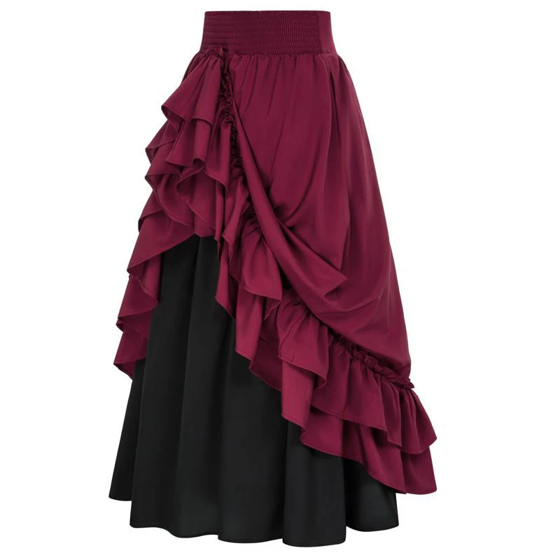 Japanese Vintage Long Skirt Women Gothic Ruffles Double Layer Patchwork Skirts High Waist Retro Palace Style Elegant Folds Skirt