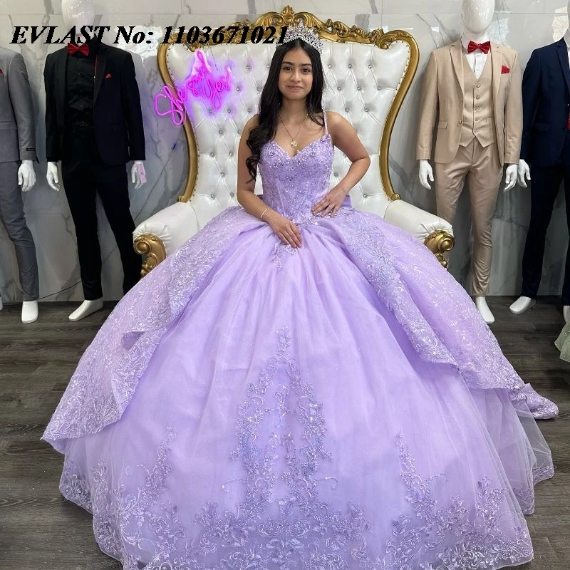 Блестящее Лавандовое платье EVLAST для Quinceanera, бальное платье, 3D Цветочная аппликация, бусины, многоярусный корсет, милые платья XV 15 лет SQ130