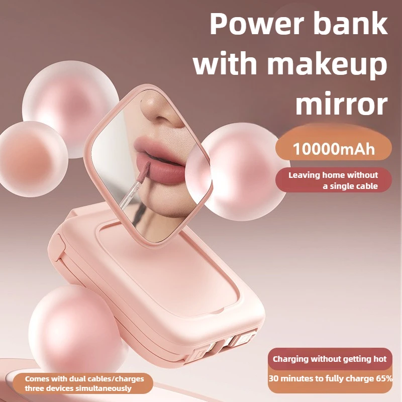 3C-certificering 10000 mAh draagbare powerbank met ingebouwde kabel en compacte make-upspiegel Handig om mee te nemen voor iPhone