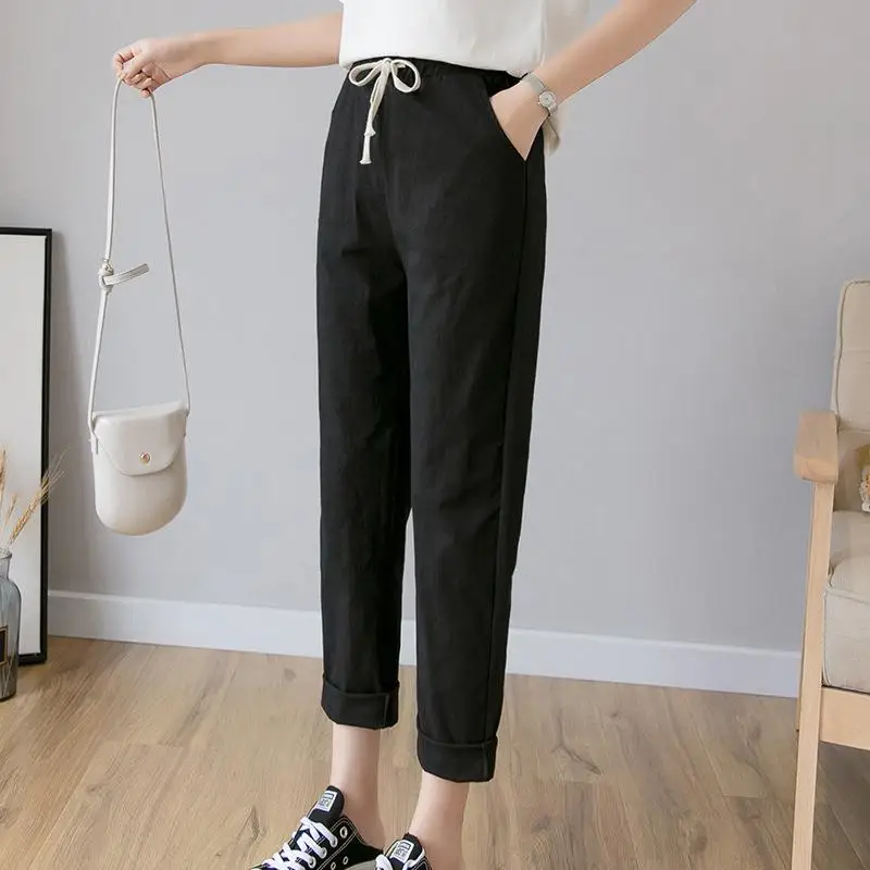 Spring Summer New Nine Points Pure Color Harlan Cotton Linen Carrot Pants Loose Casual Trousers for Women High Waist Straight...