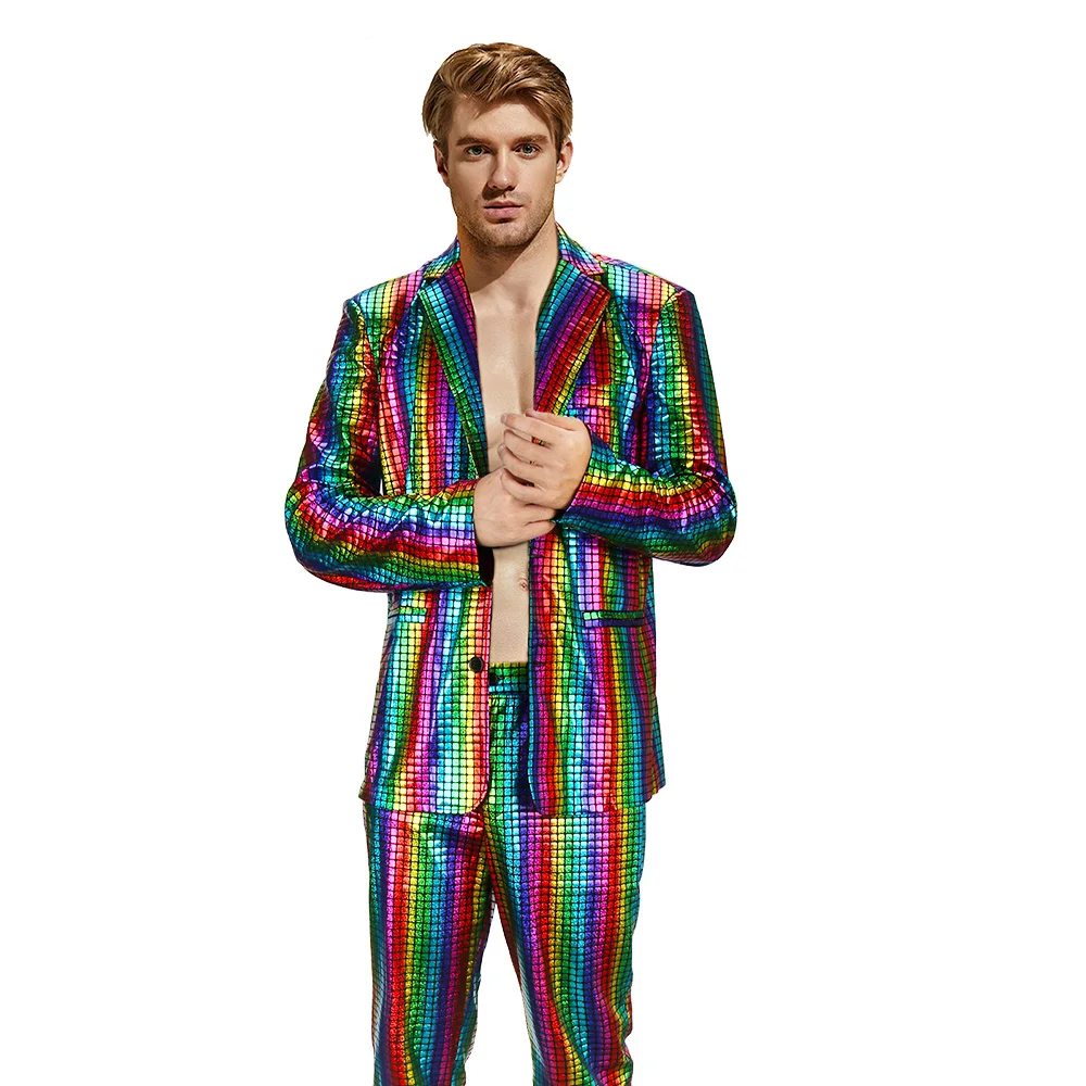 Men's Rainbow Disco Costume Party Cosplay Outfits 2 Piece Shiny 70s Glitter Stage Festival Host Suit Takerlama