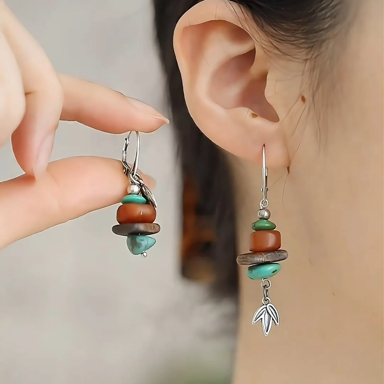 silver 925 Chinese Style Retro Turquoise Asymmetric earrings for women Honey Wax Female Bamboo Leaf Tassel Earring Party Jewelry