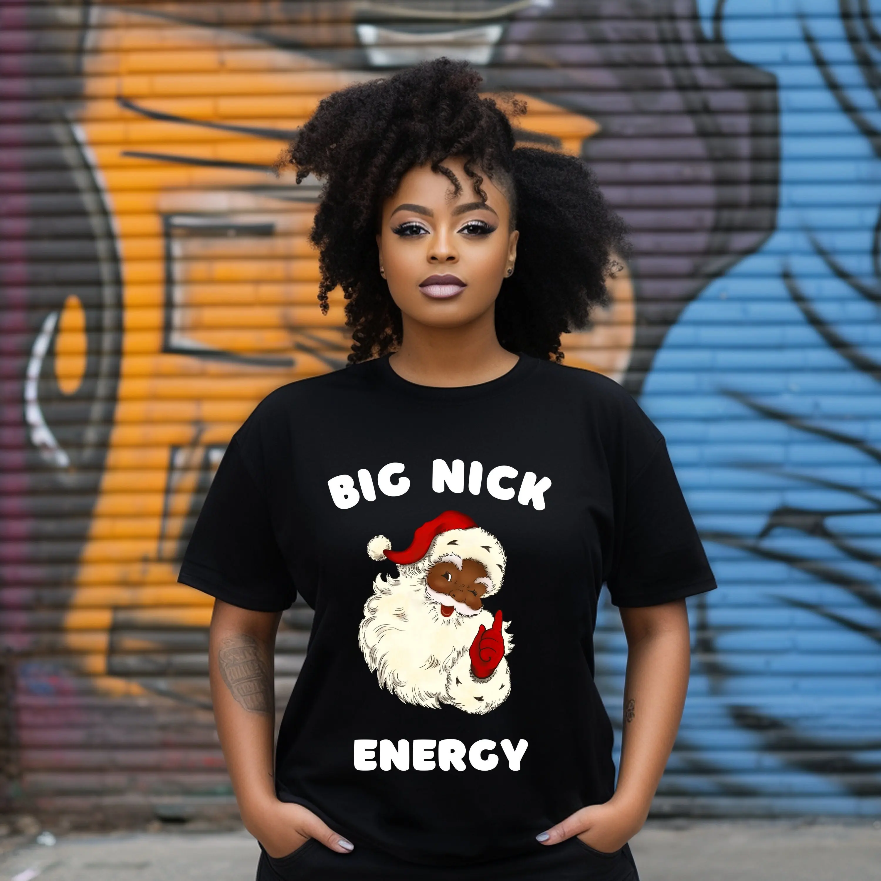 Big Nick Energy Christmas T Shirt Black Santa Claus Vintage African American Retro Diverse Holiday Apparel