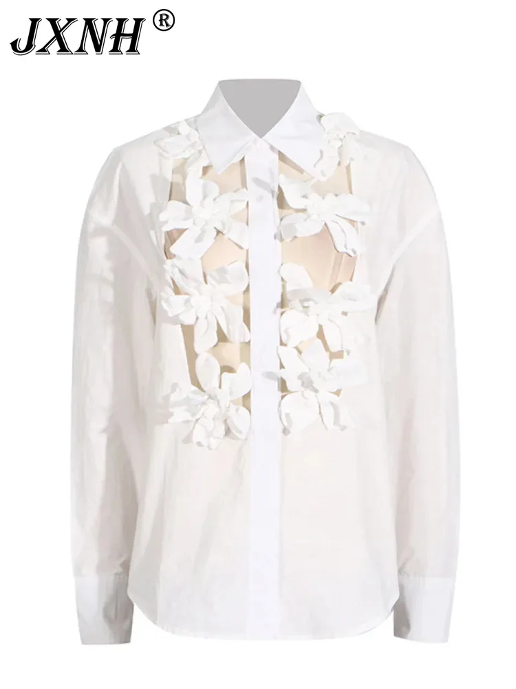 

3D Flower Splicing Design Sense Single Breasted Hollow Long Sleeved Standing Neck Shirt 2024 Summer New Fashion Casual