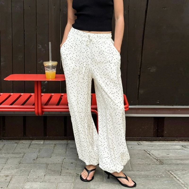 

Tsiisd Women's Polka Dot Wide Leg Pants Drawstring Loose Casual High Waist Fashion Daily Streetwear Trousers Female Pants 2026
