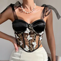 French Butterfly Embroidery Skinny Elegant Tanks Camis for Women Summer Casual Slim-fit Vest Female Corset Crop Tube Tops