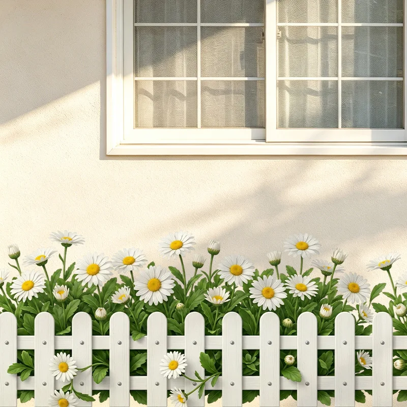 Daisy Fence Wall Decals Removable White Daisy Flowers Wall Stickers Floral Wall Art Decor for Bedroom Living Room Kitchen view 3