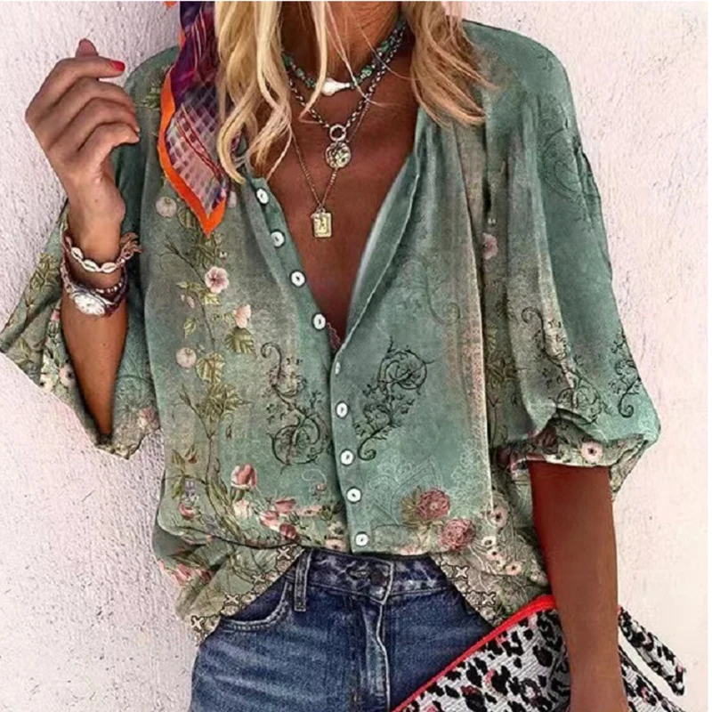 Spring Summer Casual Blouses Shirt Women V Neck 3/4 Sleeve Button Shirts For Women Vintage Tops