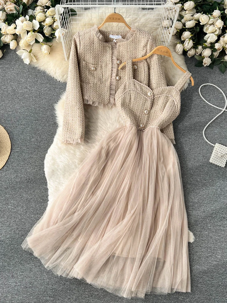 Women Khaki Two Piece Suit Vintage Luxury Dress with Long Sleeve Jacket Coats Vintage Y2k Dress Sets Outfits 2000s Clothes 2024