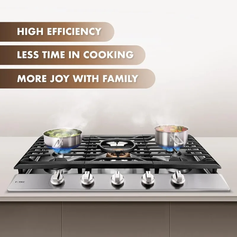 FOTILE GLS36502 36” Stainless Steel 5-Burner Gas Cooktop, Tri-Ring 22,000 BTUs Center Burner with Flame Failure Protection