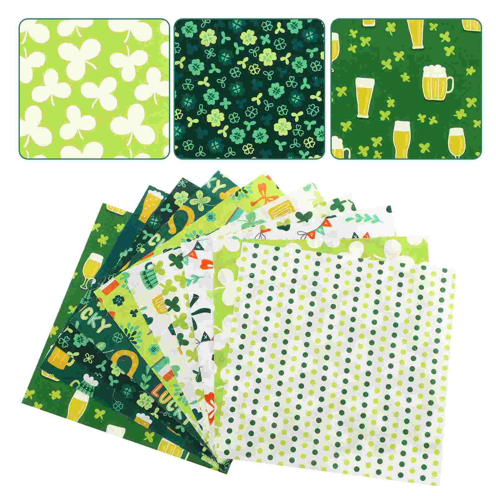 10 Sheets Printed Fabric Set Four Leaves Patchwork Shamrocks St Patricks Day Knit Decorative DIY Greenery for Sewing Quilting