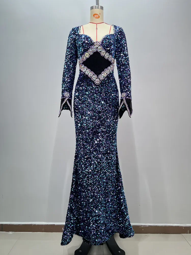 2024 New Women Celebrity Sexy Long Sleeve Diamonds Blue Sequins Maxi Long Gowns Dress Elegant Evening Party Club Vestido