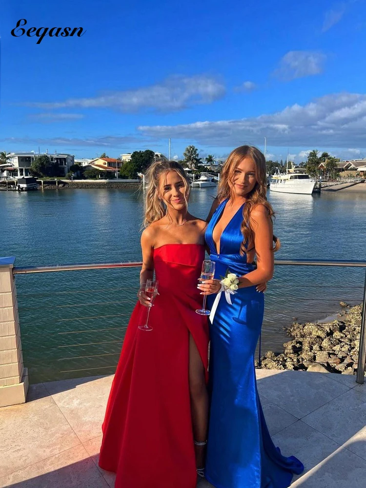 

Red Strapless Evening Dresses Long Satin Front Slit Sexy Formal Prom Gowns Graduation Dress Vestidos De Gala Party Customized