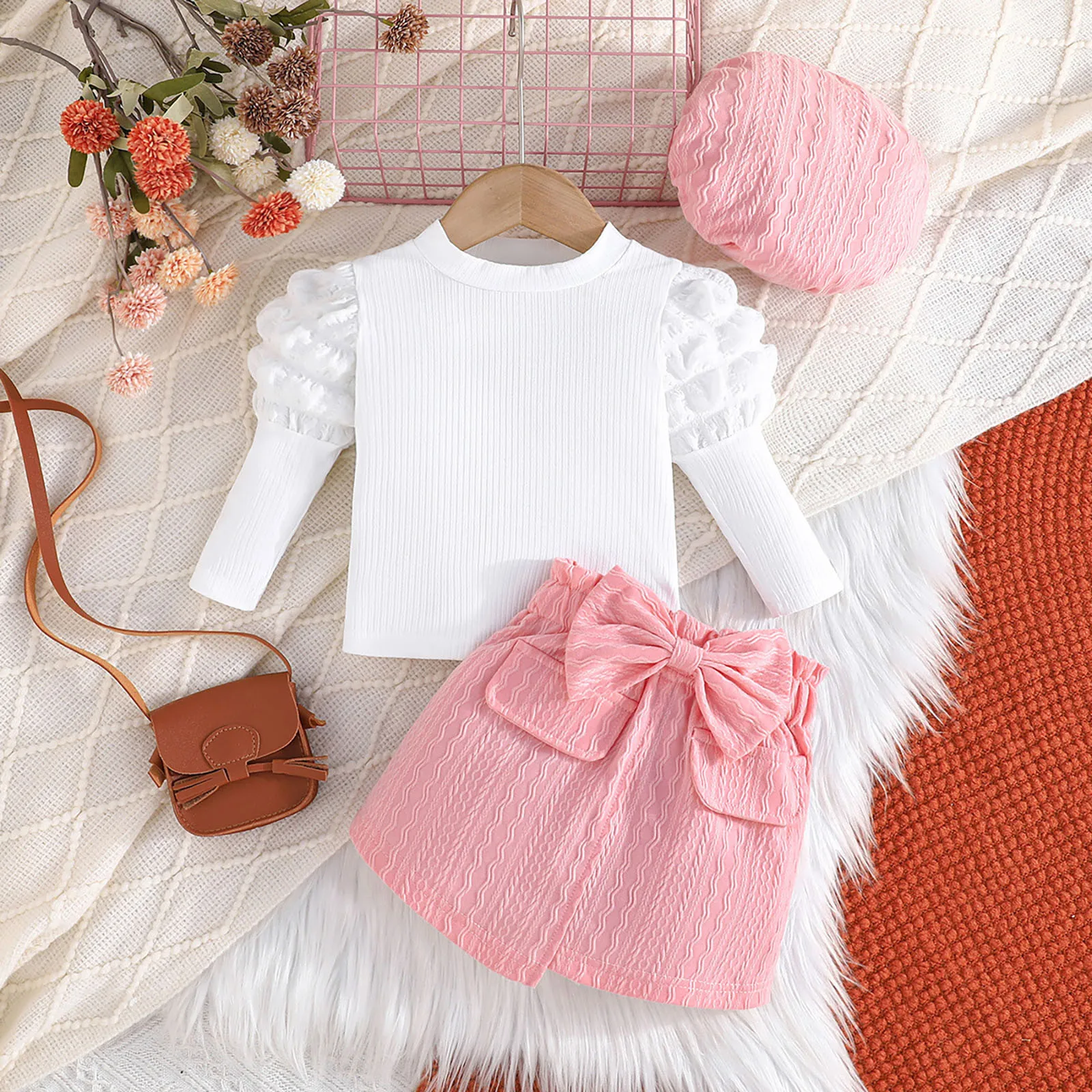 

Baby Girl's Clothing Sets White Bubble Long Sleeve Princess Style Tops Bow Half Skirts Hat Three Piece Set Outfits1 2 3Years