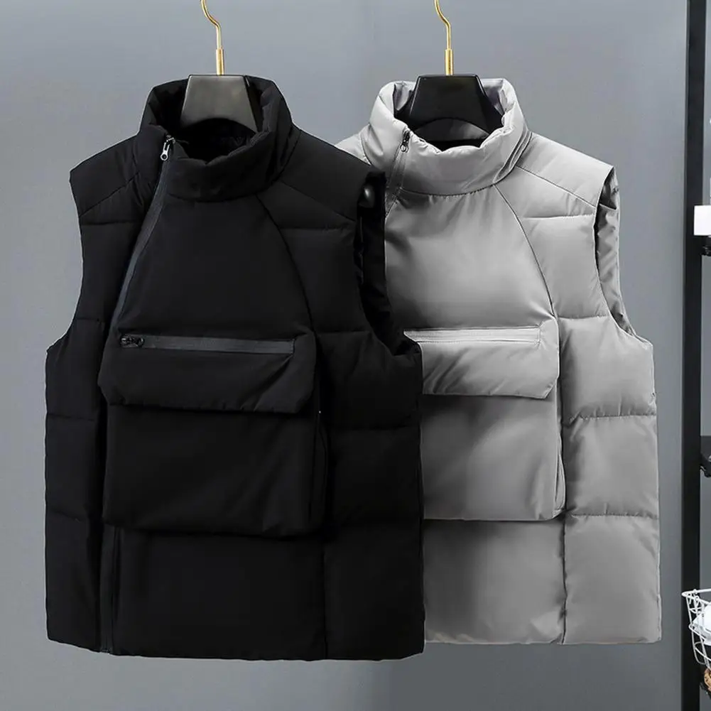 

Cotton Vest Men's Stand Collar Down Waistcoat with Oblique Zipper Closure Front Pockets Solid Color Cotton Vest Coat for Winter