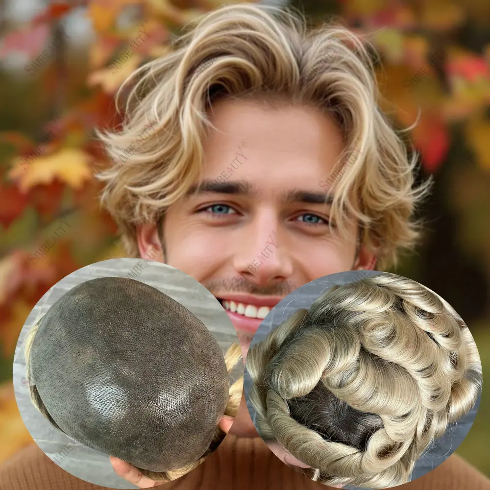 Natural Hairline #4T613 Dark Roots Ombre Blonde Men's Toupee Human Hair Full Vlooped Thin Skin Base Men's Capillary Prosthesis