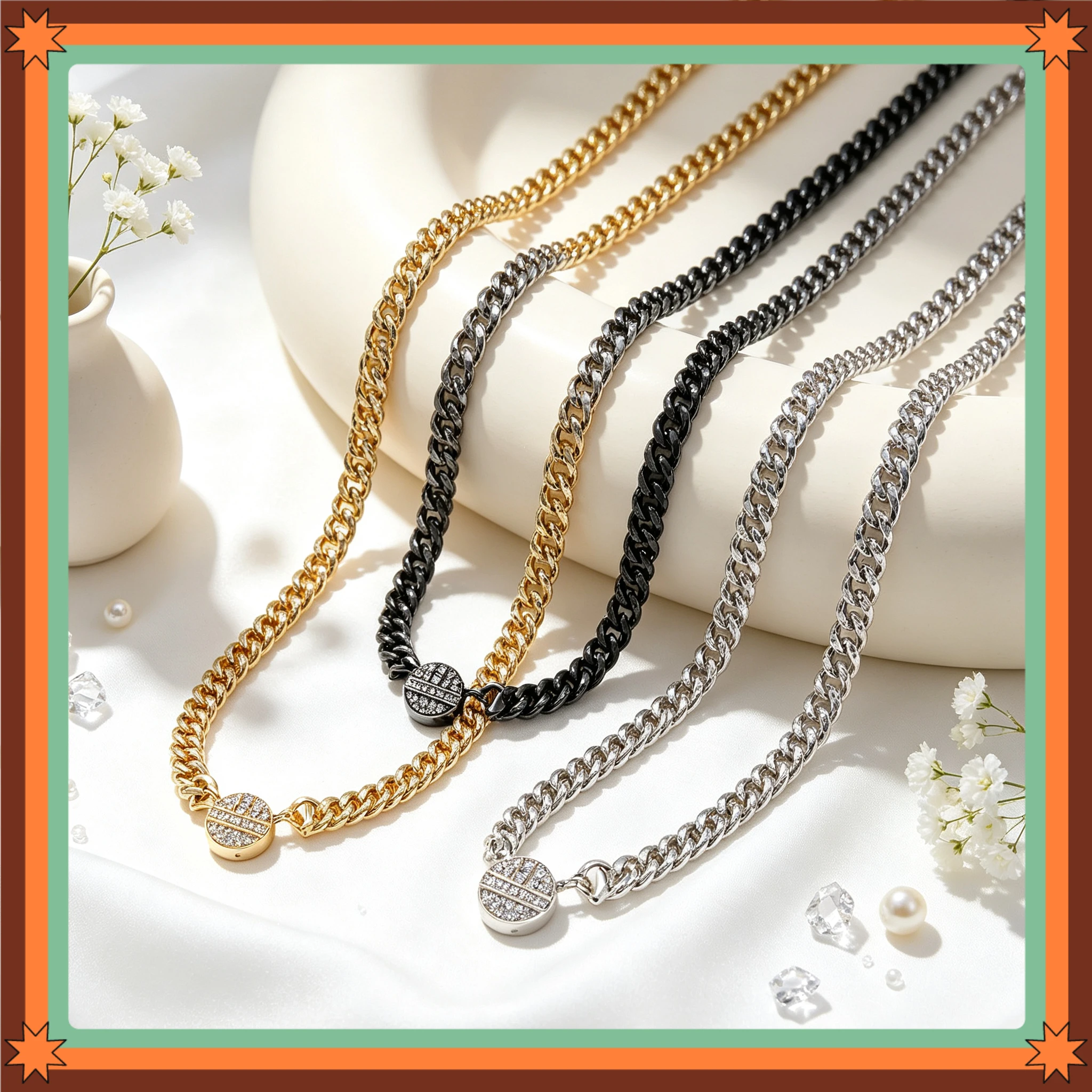 Punk Chunky Cuban Chain Choker Inlaid Rhinestone Round Saturn Orb Clasp 3 Tone Polished Metal Unisex Daily Layering Necklace view 3