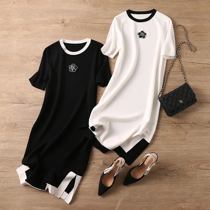 

O-neck Patchwork Dresses for Lady Elegant Short Sleeve Chic Vintage Loose Korean Style Simple Temperament Office Fashion Summer