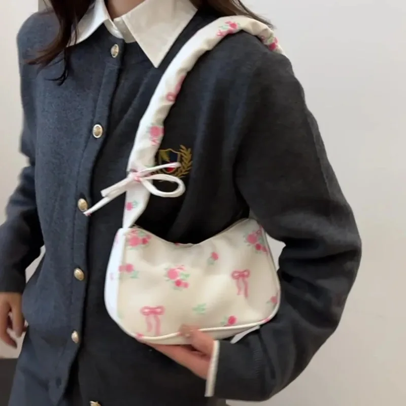 New Korean Girl Handbags Cute Flower Bow Print Crossbody Bags Canvas Shoulder Bags Outdoor Travel Women Keys Phone Messenger Bag