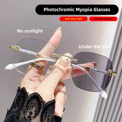 Fashion Rimless Photochromic Myopia Glasses Women Anti-blue Light Computer Optical Glasses Prescription Eyewear