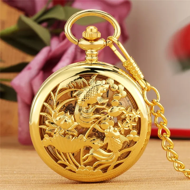 Bronze Hollow Out Fishes Case Unisex Handwinding Mechanical Pocket Watch Pendant Chain Clock Roman Number Dial Reloj Gift