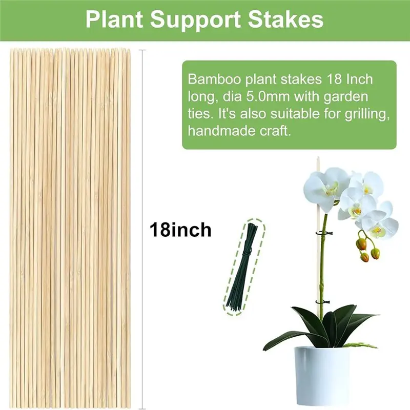 PORK-Garden Support Stakes- 120-Piece Bamboo Set Ties For Climbing Plants And Potting Vegetable