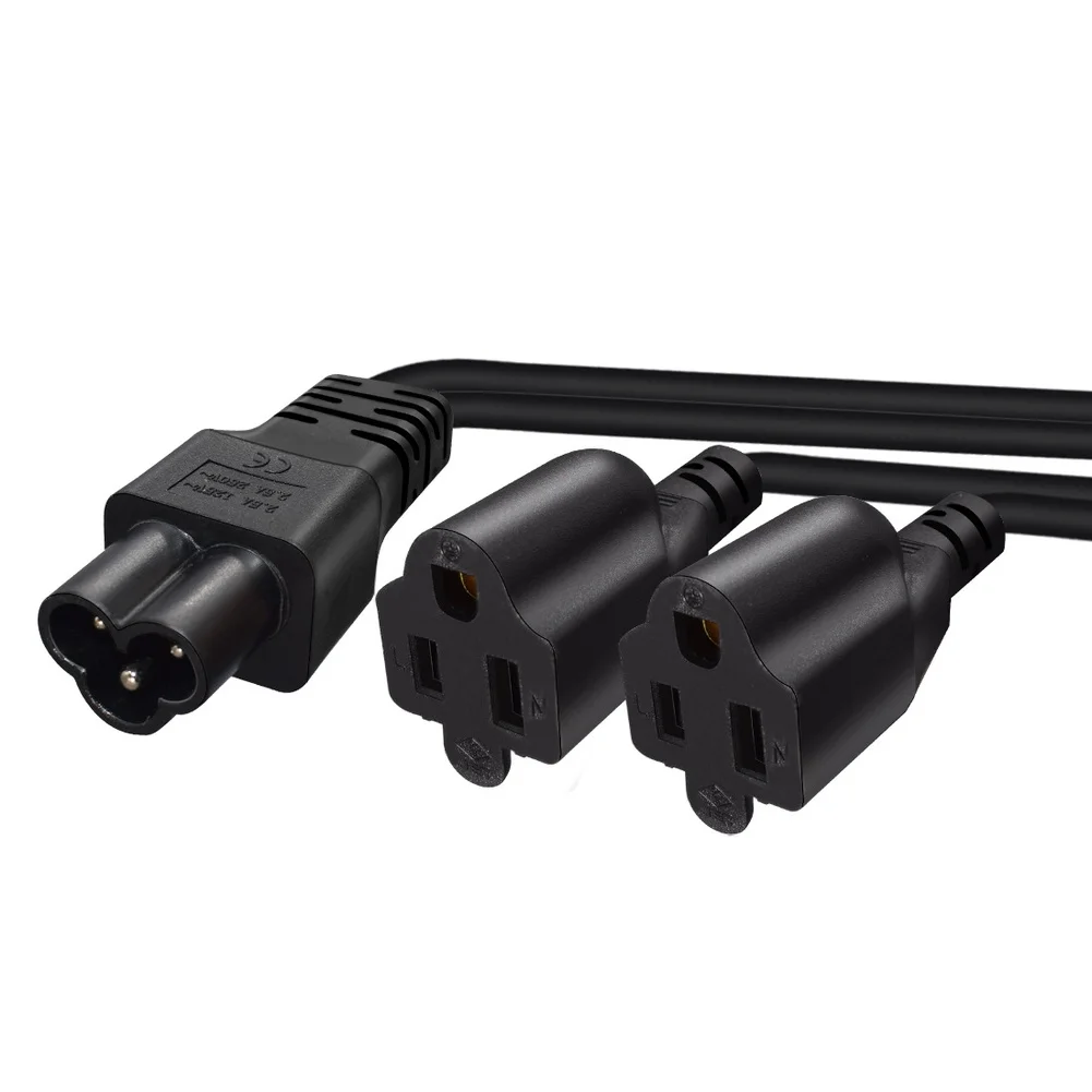 Two-Outlet Power Splitter Cable with for iec 320 for c6 Input and Dual For NEMA 5-15R Outputs for Efficient Power Sharing