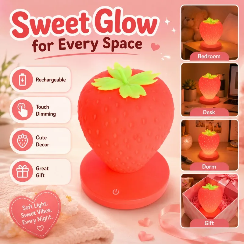 

Creative Charging Strawberry Night Light USB Three Level Dimming Night Touch Light Feeding Light Decorative Desk Lamp