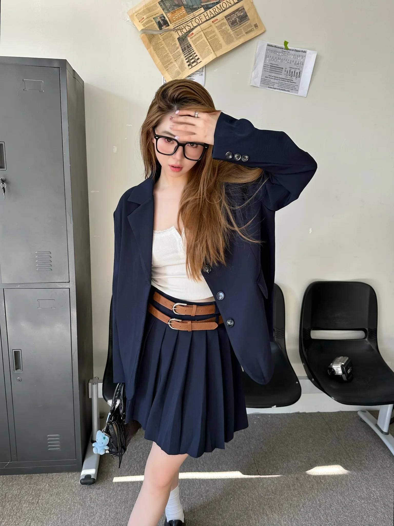 

Loose Fit Suit Set with Double Belts A-Line Skirt Long Sleeve Business Casual Women's Fashion Ensemble Polyester Fabric