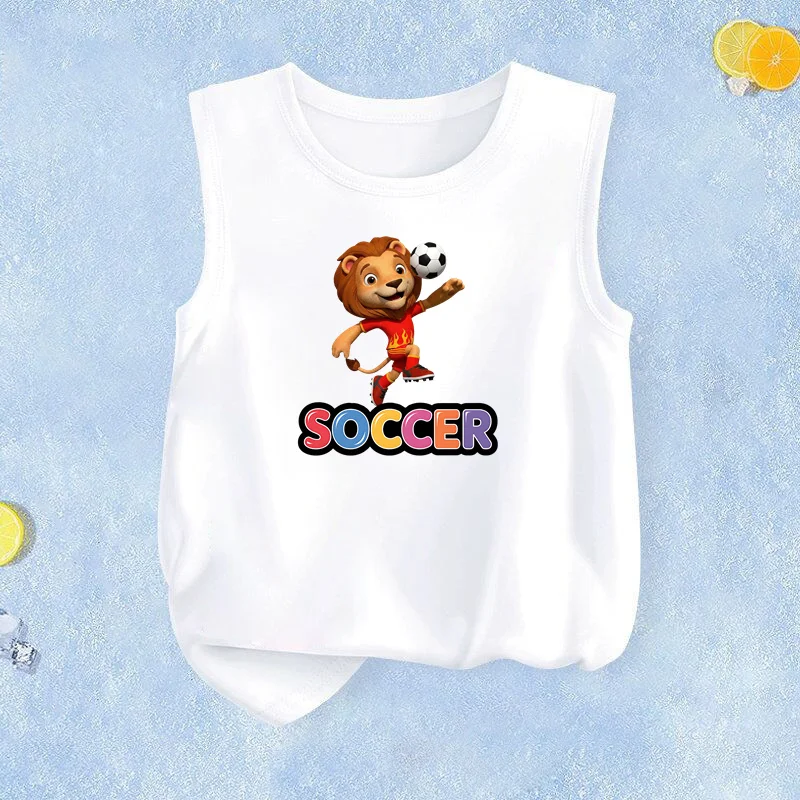 2026 Kinder Sommer Fußball-Tanktop Löwen-Cartoon Ärmelloses T-Shirt für Jungen 3-14 Jahre Baumwoll-Tee