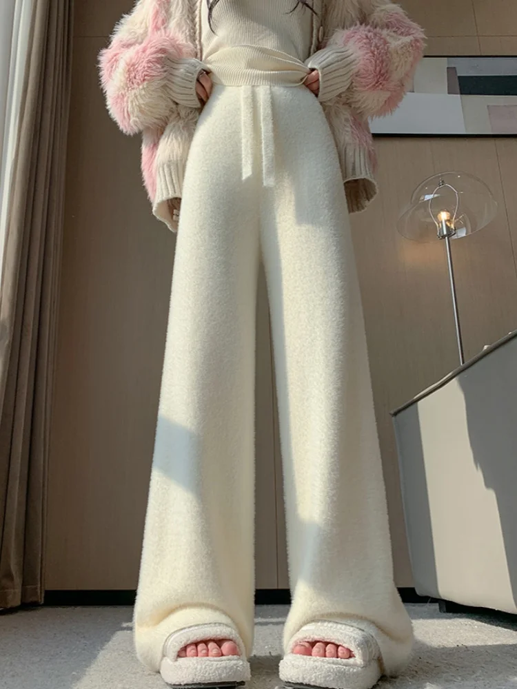 กางเกงขายาวขนมิงค์สำหรับผู้หญิง ฤดูใบไม้ร่วง ฤดูหนาว เอวสูง สไตล์ลำลอง เนื้อนุ่ม ทรงตรง ผ้าขนสัตว์ถัก