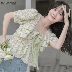 Blouses Women Floral Lovely Stylish Bandage Daily Casual Square Collar Ulzzang Colleges Temperament Simple  Summer Clothes